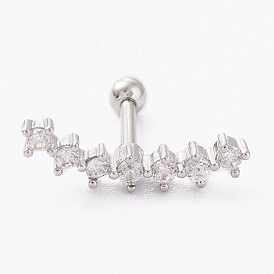 Латунные серьги-хрящи со штангой из прозрачного кубического циркония с микропаве, с 304 штифтов из нержавеющей стали