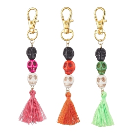Halloween Synthetic & Dyed Turquoise Skull Pendant Decorations, Handmade Polycotton Tassel for Bag Ornaments