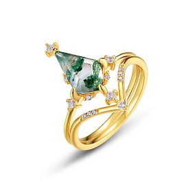 Стерлингового серебра палец кольцо, с натуральным моховым агатом, воздушный змей