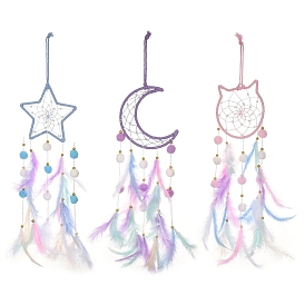 Плетеная сетка/паутина с подвесными ловцами солнца из перьев, с полиэстером, деревом, перьями и пластиковыми бусинами для украшения сада и улицы.