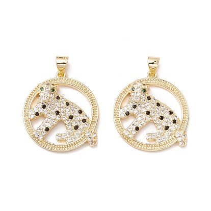 Brass Micro Pave Colorful Cubic Zirconia Pendants, Flat Round with Leopard