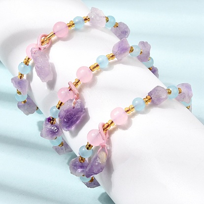 Raw Rough Natural Amethyst Nuggets Charm Beaded Stretch Bracelets for Women, with Pink Plastic Beads