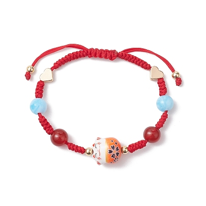 Glückskatze handgefertigte Porzellan & natürliche Karneol & Acryl geflochtene Perlen Armbänder, verstellbare Armbänder aus Nylonschnur für Damen