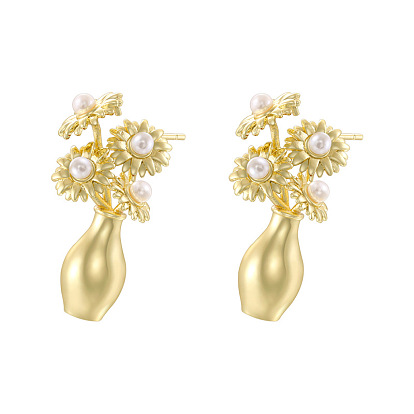 Серьги-гвоздики из латуни и пластика с имитацией жемчуга, подсолнух с вазой