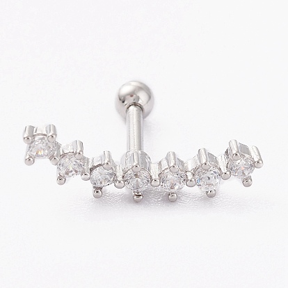 Латунные серьги-хрящи со штангой из прозрачного кубического циркония с микропаве, с 304 штифтов из нержавеющей стали