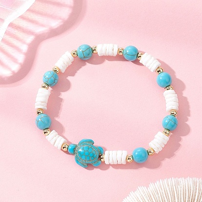 Эластичные браслеты для женщин из натуральных белых ракушек и синтетических бирюзовых бусин., С латунными круглыми бусами, реальный 14 k позолоченный