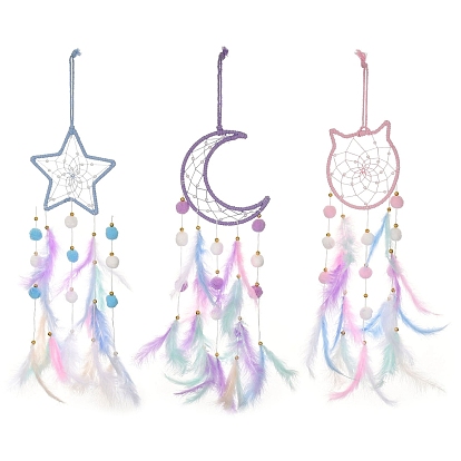 Плетеная сетка/паутина с подвесными ловцами солнца из перьев, с полиэстером, деревом, перьями и пластиковыми бусинами для украшения сада и улицы.