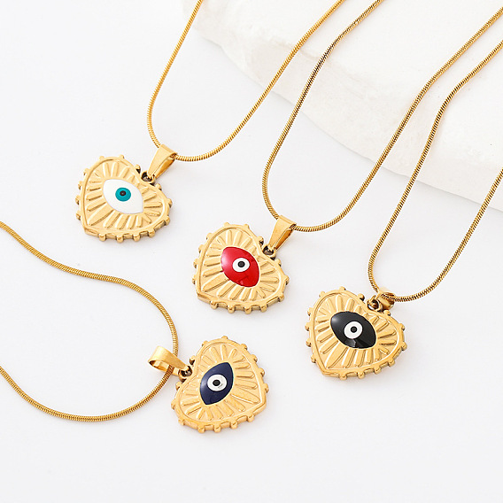 304 Stainless Steel Enamel Evil Eye Heart Pendant Necklaces for Men Women, Golden