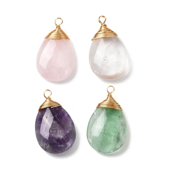 Natural Mixed Stone Pendants, with Real 18K Gold Plated Eco-Friendly Copper Wire, Teardrop