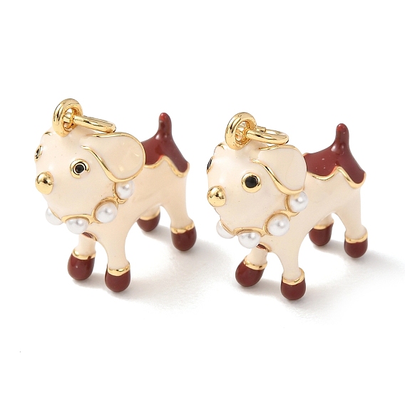 Brass with Enamel & ABS Plastic Imitation Pearl Pendants, Dog Charms, Rack Plating, Long-Lasting Plated, Cadmium Free & Lead Free, Real 18K Gold Plated