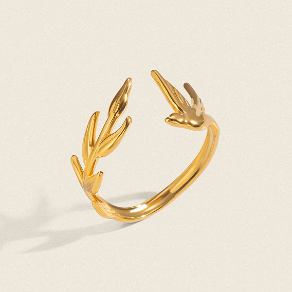 304 Stainless Steel Cuff Open Rings for Women, Leaf with Pigeon