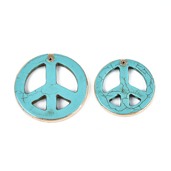 Подвески в виде знака мира из окрашенной синтетической бирюзы, с золотым латунным краем