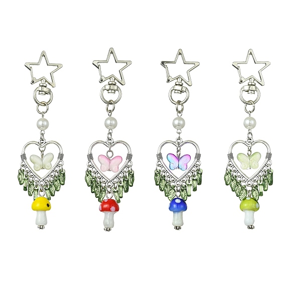 Mushroom Handmade Lampwork Pendant Decorations, Glass Butterfly and Heart/Star Alloy Swivel Lobster Clasps Charm