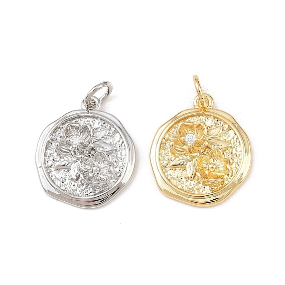 Латунные микро проложить кубического циркония подвески, плоские круглые с цветком, без кадмия и без свинца, стойки покрытие, долговечный, с целью перехода в кольце