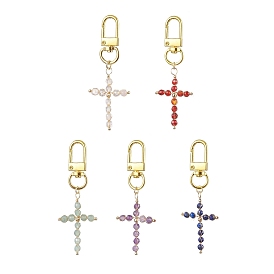 Wire Wrapped Natural Gemstone Cross Pendant Decoration, Alloy Swivel Clasps Charms for Bag Key Chain Ornaments