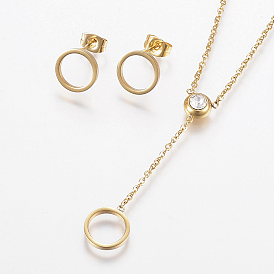 304 нержавеющей стали ювелирных изделий, подвесные ожерелья и серьги, со стразами, кольцо