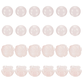 24Pcs 2 Style Natural Rose Quartz Beads, Round & Rose