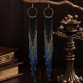 Богемные серьги-подвески ручной работы из стеклянного бисера., кисточка