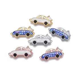 Brass Micro Pave Cubic Zirconia Links, with Enamel & Natural Shell Slice, Long-Lasting Plated, Car, Clear & Black