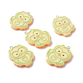 Opaque Resin Pendants, with Platinum Tone Iron Loop, Imitation Biscuits, Owl