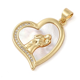 Brass & Shell & Clear Cubic Zirconia Pendants, Heart with Lovers Pattern