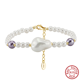 Natural Shell Pearl Beaded Bracelets, 925 Sterling Silver Clasps Bracelets for Women