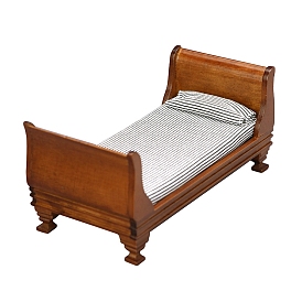 Мини деревянная кровать, с матрасом и подушкой в полоску, мебельные аксессуары для кукольного домика, для миниатюрной спальни