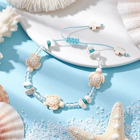 Регулируемые плетеные бусины из синтетической бирюзы и магнезита для женщин, черепаха и крест, со стеклянными бисеринами