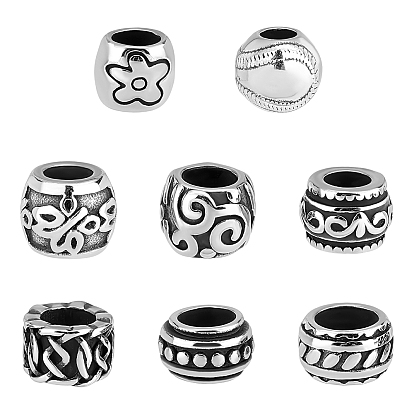 8Pcs 8 Style 304 & 316 Surgical Stainless Steel European Beads, Large Hole Beads, Rondelle