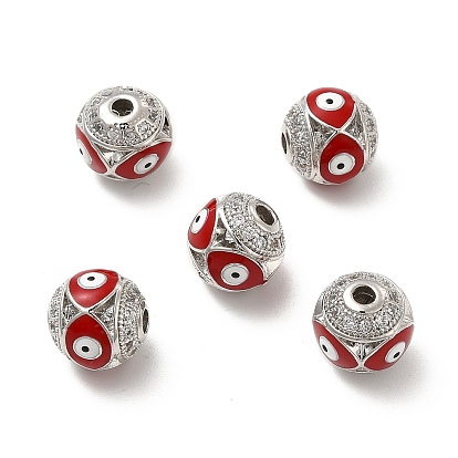 Brass Micro Pave Cubic Zirconia Beads, Round with Enamel Evil Eye