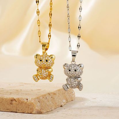 Ожерелья с подвеской в виде мультяшного медведя из латуни с микропаве из прозрачных кубических цирконий для женщин