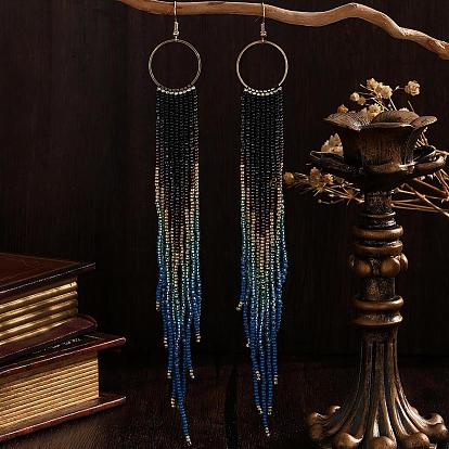 Богемные серьги-подвески ручной работы из стеклянного бисера., кисточка