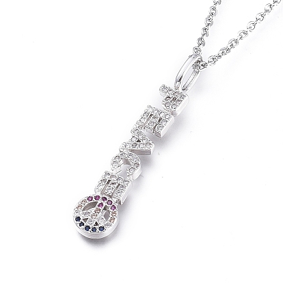 Ожерелье с кулоном из кубического циркония, с 304 кабельными цепочками из нержавеющей стали, слово мир и знак мира, красочный