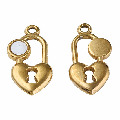 304 Stainless Steel Charms, with White Shell, Heart-Shaped Lock