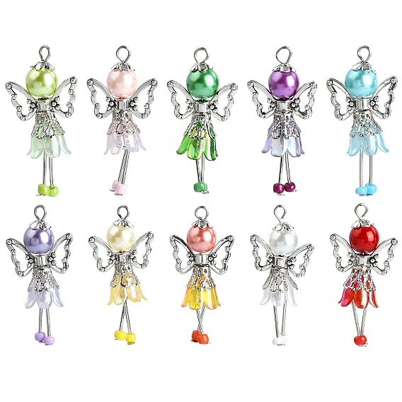 30шт 10 стили бусины из жемчуга ручной работы подвески, ангел подвески, с крыльями из сплава, акриловыми бусинами-цветочками и стеклянными бусинами