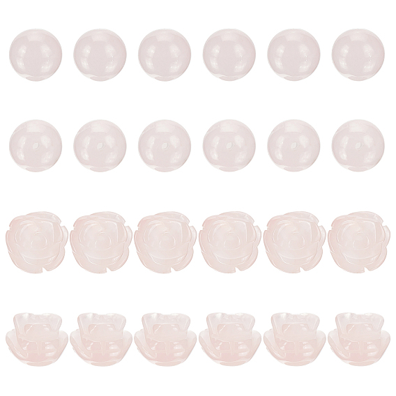 24Pcs 2 Style Natural Rose Quartz Beads, Round & Rose