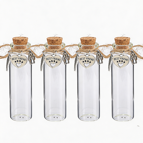 4Pcs Glass Cork Wishing Bottles, with Alloy Pendants, Column