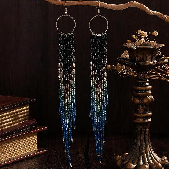 Богемные серьги-подвески ручной работы из стеклянного бисера., кисточка