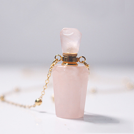 Natural Gemstone Perfume Bottle Pendant Necklace with Brass Chains, Essential Oil Vial Necklace for Women, Golden