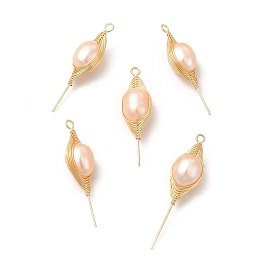 Natural Pearl Pendants, Flower Charm, with Brass Wire Wrapped