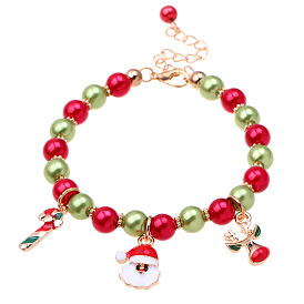 Christmas Santa Claus Candy Cane Reindeer Bead Bracelet - Festive Holiday Jewelry