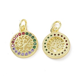 Brass Micro Pave Colorful Cubic Zirconia Pendants, with Jump Ring, Flat Round with Tree Charms