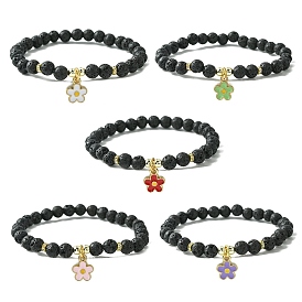 Natural Lava Rock Beaded Stretch Bracelets, Alloy Enamel Flower Charm Bracelets for Women