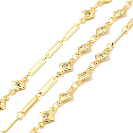 Rack Plating Brass Rhombus & Oval Link Chains, with Clear Cubic Zirconia, Long-Lasting Plated, Soldered, with Spool, Cadmium Free & Lead Free