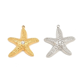 304 Stainless Steel with Crystal Rhinestone Pendants, Starfish Charms