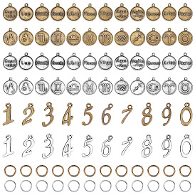 PandaHall Elite Alloy Pendants, with Antique Bronze & Antique Silver Tone Iron Jump Rings, Flat Round with Constellation & Number 0~9