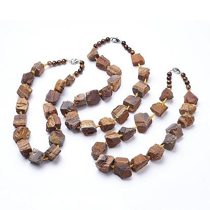 Rough Natural Gemstone Beaded Necklaces, with Brass Lobster Claw Clasps
