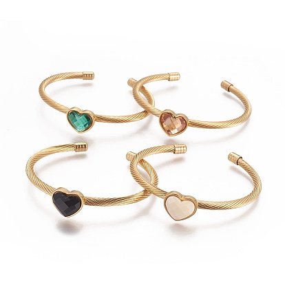 304 из нержавеющей стали манжеты браслеты, с акриловыми стразами, сердце, граненые