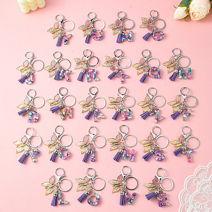 Resin Letter & Acrylic Butterfly Charms Keychain, Tassel Pendant Keychain with Alloy Keychain Clasp