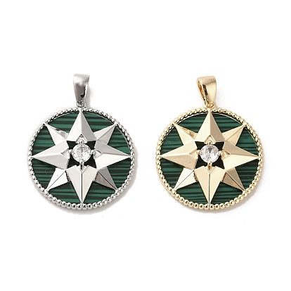 Brass Micro Pave Clear Cubic Zirconia Pendants, Cadmium Free & Nickel Free & Lead Free, with Shell, Flat Round with Star